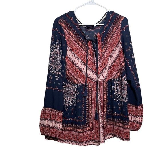 Artesia Blouse Women's XL V-Neck Tie Boho Long Sleeve Printed Casual Top - Picture 1 of 10